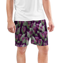 Шорты спортивные мужские Фиолетовые каллы на темно фиолетовом фоне, цвет: 3D-принт — фото 2