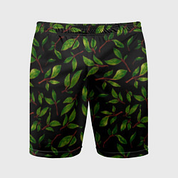 Шорты спортивные мужские Яркие зеленые листья на черном фоне, цвет: 3D-принт