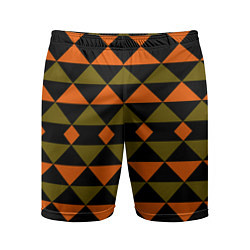 Шорты спортивные мужские Геометрический узор черно-оранжевые фигуры, цвет: 3D-принт