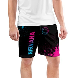 Шорты спортивные мужские Nirvana - neon gradient: символ и надпись вертикал, цвет: 3D-принт — фото 2