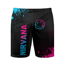 Шорты спортивные мужские Nirvana - neon gradient: символ и надпись вертикал, цвет: 3D-принт