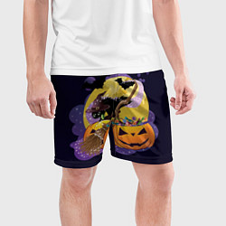 Шорты спортивные мужские Чёрный котёнок и тыквы, цвет: 3D-принт — фото 2