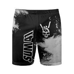 Шорты спортивные мужские Sum41 и рок символ на темном фоне, цвет: 3D-принт