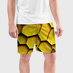 Шорты спортивные мужские Желтые шестиугольники с трещинами - объемная текст, цвет: 3D-принт — фото 2