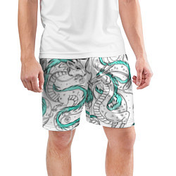 Шорты спортивные мужские Дракон Хаку в стиле тату: белый и бирюзовый паттер, цвет: 3D-принт — фото 2