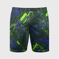 Шорты спортивные мужские Киберпанк линии зелёные и синие, цвет: 3D-принт