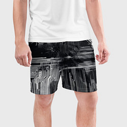 Шорты спортивные мужские Белые полосы на чёрном фоне киберпанк, цвет: 3D-принт — фото 2