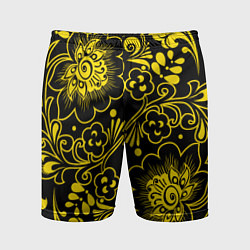Шорты спортивные мужские Хохломская роспись золотые цветы на чёроном фоне, цвет: 3D-принт