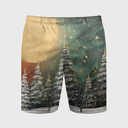 Шорты спортивные мужские Большая луна и новогодний лес, цвет: 3D-принт