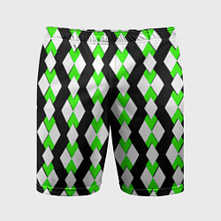 Шорты спортивные мужские Зелёные и белые ромбы на чёрном фоне, цвет: 3D-принт