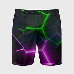 Шорты спортивные мужские Фиолетовые и зеленые неоновые плиты в разломе, цвет: 3D-принт