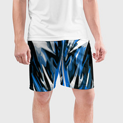 Шорты спортивные мужские Хаотичная сине-белая абстракция на чёрном фоне, цвет: 3D-принт — фото 2