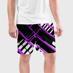 Шорты спортивные мужские Фиолетово-белые линии на чёрном фоне, цвет: 3D-принт — фото 2