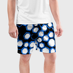 Шорты спортивные мужские Бело-синие шестиугольники на чёрном фоне, цвет: 3D-принт — фото 2