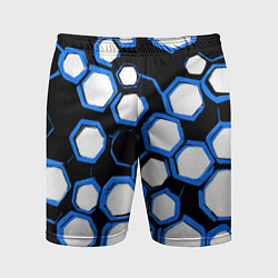 Мужские спортивные шорты Бело-синие шестиугольники на чёрном фоне