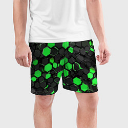 Шорты спортивные мужские Зелёно-серые шестиугольники на чёрном фоне, цвет: 3D-принт — фото 2