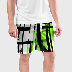Шорты спортивные мужские Чёрно-зелёные вертикальные и горизонтальные полосы, цвет: 3D-принт — фото 2