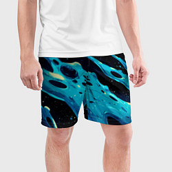 Шорты спортивные мужские Синие волны краски на черном, цвет: 3D-принт — фото 2