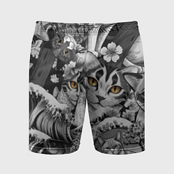 Мужские спортивные шорты С котами и рыбой на фоне сакуры в волнах
