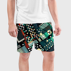 Шорты спортивные мужские Тёмно-синий абстракция полосы кружочки, цвет: 3D-принт — фото 2