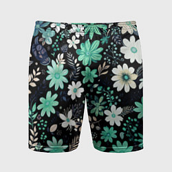 Шорты спортивные мужские Чёрный в зелёный цветочек стилизованный, цвет: 3D-принт