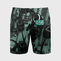 Шорты спортивные мужские Номер 456 на фоне масок игры в кальмара, цвет: 3D-принт