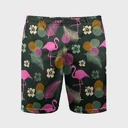 Шорты спортивные мужские Фламинго и листья на темно-зеленом, цвет: 3D-принт