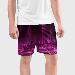 Шорты спортивные мужские Городской пейзаж неоновый киберпанк, цвет: 3D-принт — фото 2
