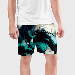 Шорты спортивные мужские Чёрный с бирюзовым абстракция тёмные краски, цвет: 3D-принт — фото 2