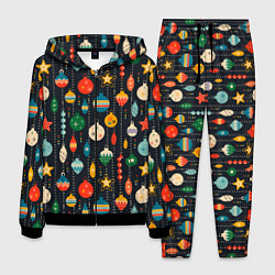 Костюм мужской Новогодние ёлочные игрушки на черном фоне, цвет: 3D-черный