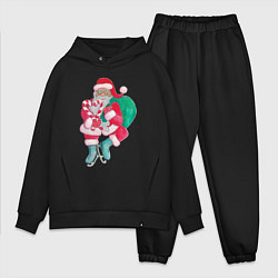 Мужской костюм оверсайз Санта Клаус с мешком подарков на коньках, цвет: черный