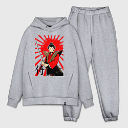 Мужской костюм оверсайз Самурай с мечом на фоне флага