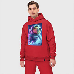 Мужской костюм оверсайз Полёт капибары в космосе - неон, цвет: красный — фото 2