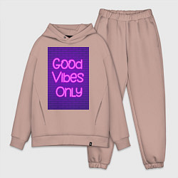 Мужской костюм оверсайз Неоновая надпись good vibes only и кирпичная стена, цвет: пыльно-розовый