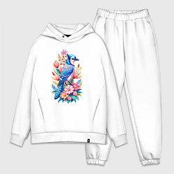 Мужской костюм оверсайз Голубая сойка среди цветов, цвет: белый