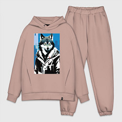 Мужской костюм оверсайз Волк в мегаполисе - нейроарт, цвет: пыльно-розовый