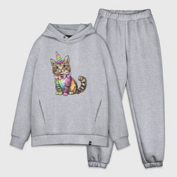 Мужской костюм оверсайз Праздничный котик в колпаке единорога, цвет: меланж