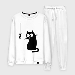Костюм хлопковый мужской Кот и рыба, цвет: белый