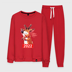 Костюм хлопковый мужской Недовольный олень с чашечкой кофе, новый год 2022, цвет: красный