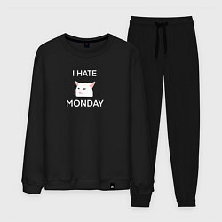 Костюм хлопковый мужской I hate monday текст с котом, цвет: черный