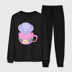 Костюм хлопковый мужской Милый слонёнок внутри чашки с цветами, цвет: черный