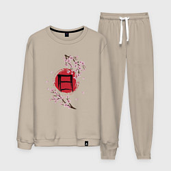 Костюм хлопковый мужской Цветущая сакура и красный круг с японским иероглиф, цвет: миндальный