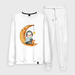 Костюм хлопковый мужской Пингвин на месяце, цвет: белый