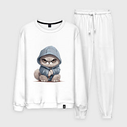 Костюм хлопковый мужской Злой кот в капюшоне, цвет: белый
