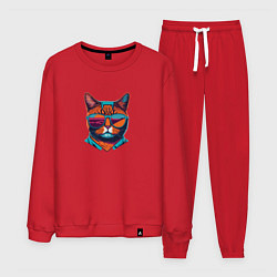 Костюм хлопковый мужской Модный кот в стильных очках, цвет: красный