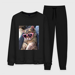 Костюм хлопковый мужской Милый мем-кот в очках в стиле аниме, цвет: черный