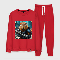 Костюм хлопковый мужской Мем вооруженная капибара и автомат, цвет: красный