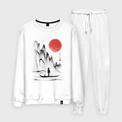 Костюм хлопковый мужской Традиционный японский пейзаж с рыбаком и горами, цвет: белый