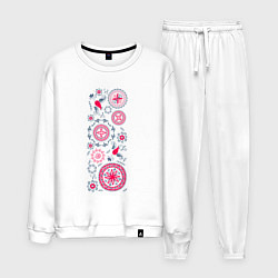 Костюм хлопковый мужской Славянские символы солнца круги и птицы, цвет: белый