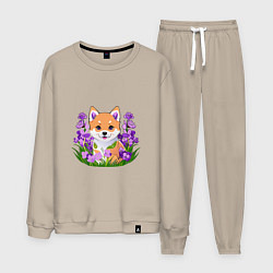 Костюм хлопковый мужской Щенок Сибу-ину среди сиреневых цветов, цвет: миндальный